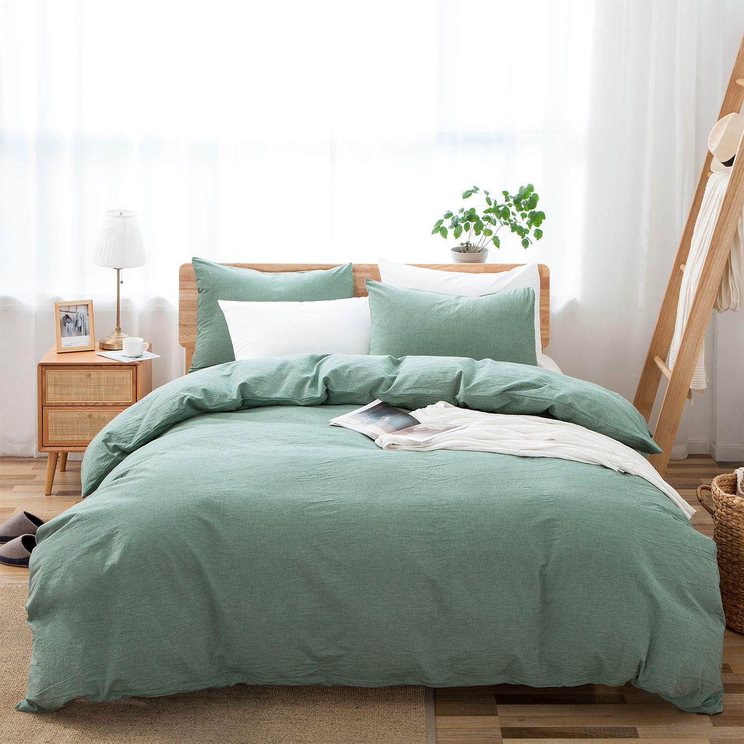 Lovque 100% Washed Cotton Duvet Cover King Size, Mint Green Fade-Resistant Natural Bedding Set (No Comforter), 104X90 Inches